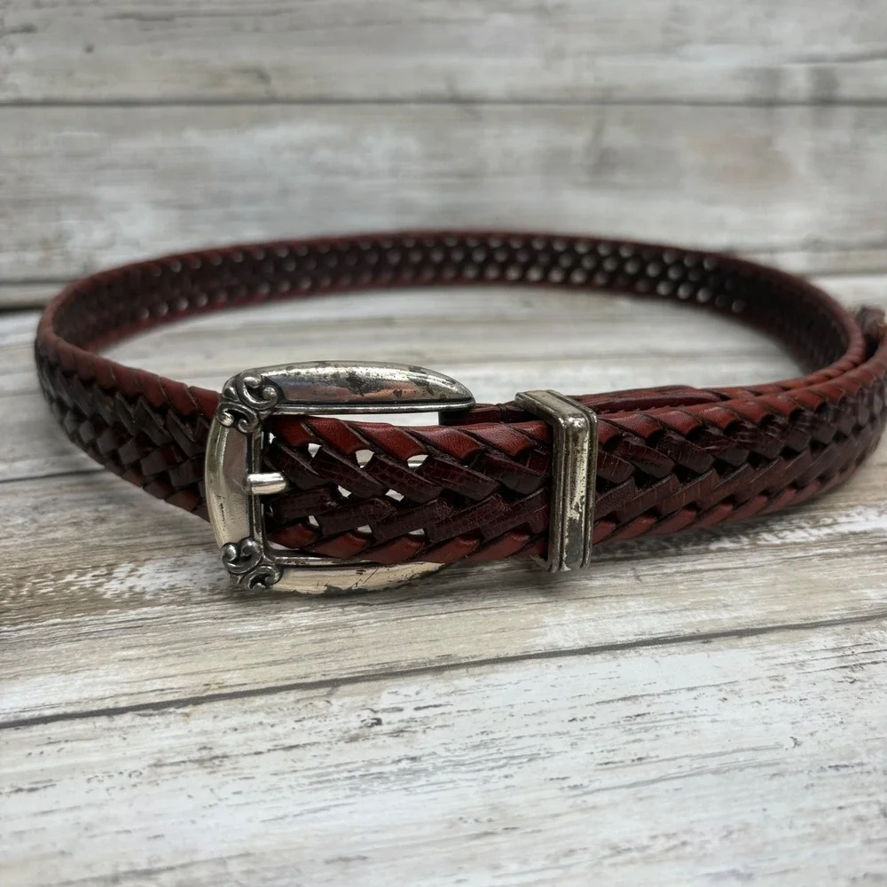 VTG‎ Fossil Braided Leather Belt Size L Brown Western Silver Buckle Rustic Boho